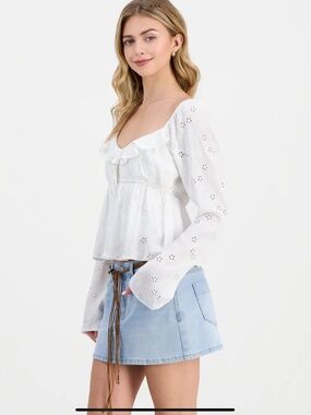 Madden Girl White Eyelet Ruffle Tie-Front Peasant Top
